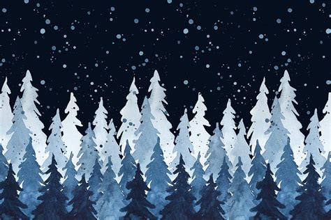 Watercolor Indigo Blue Pine Trees And Snowfall In The Night Sky