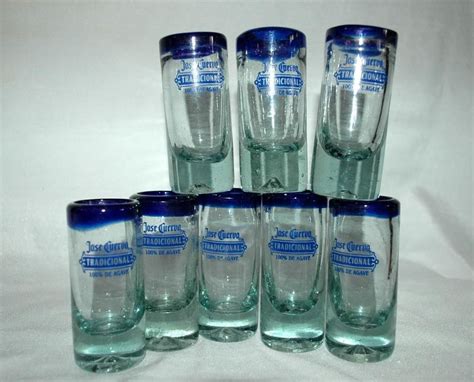 8 jose cuervo traditional mexican tequila shot glasses cobalt blue rim hand blown tequila