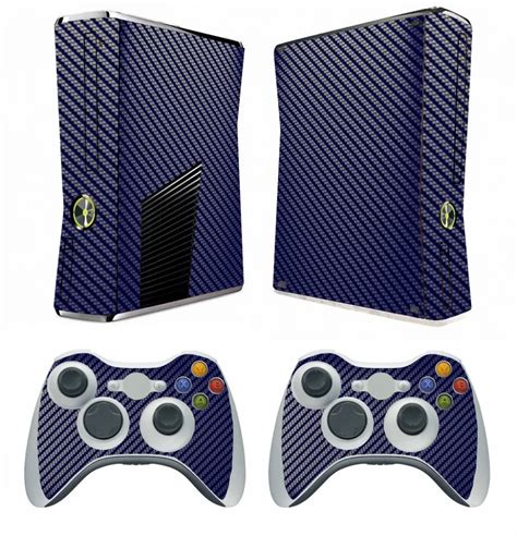 Blue Carbon Fiber Vinyl Skin Sticker Protector For Microsoft Xbox 360 Slim And 2 Controller