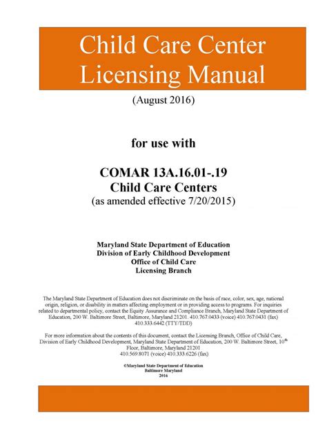 Child Care Center Licensing Manual Division Of Early Childhood