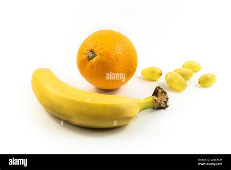 Orange Banana And Grapes Fruit Set On White Isolated Background Stock