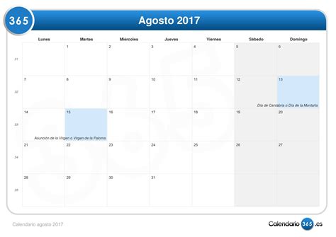 Calendario Agosto 2017