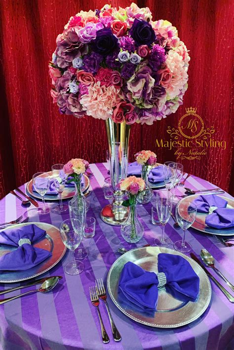 Purple And Silver Table Setup Silver Wedding Decorations Purple And