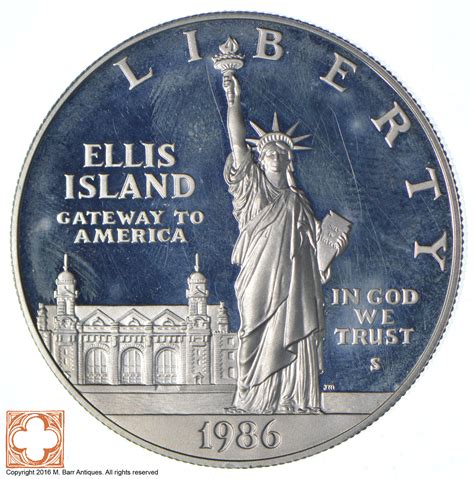Silver Proof 1986 S Ellis Island Commemorative Us Silver Dollar 90