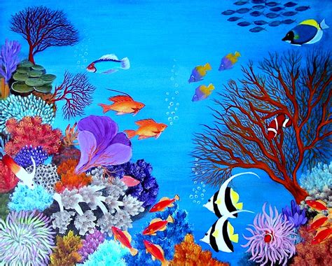 Coral reef fish illustration, cartoon fish and coral reef, cartoon character. Coral Garden Painting by Fram Cama