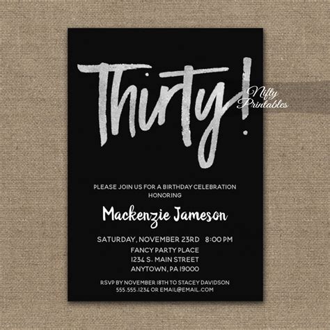 Shades of pink birthday decorating kit 37pc cardstock & plastic decorations. 30th Birthday Invitation Black Silver Script PRINTED - Nifty Printables