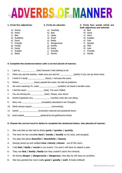 Adverbs Of Manner English Esl Worksheets For Distance Learning And