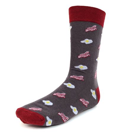 Urban Peacock Men S Novelty Fun Crew Socks For Dress Or Casual Bacon And Eggs Grey With Maroon