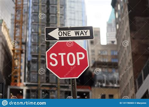 Stop And One Way Road Signs In New York Stock Image Image Of