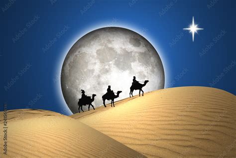 Reyes Magos Desierto Con Luna Llena Y Estrella Dunas Paisaje