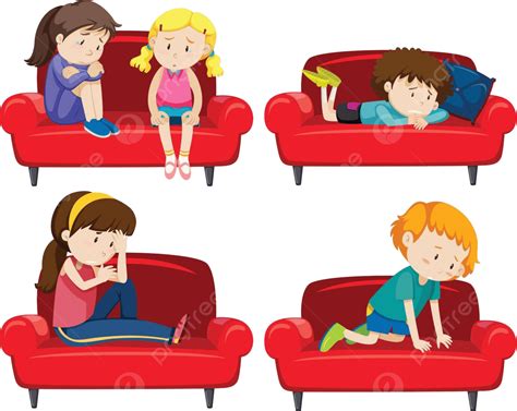 Set Of Depressed Kids On Couch Emotion Sadness Background Vector