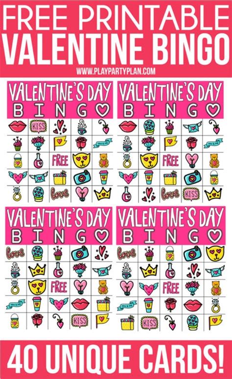 Free Printable Valentines Bingo Game 40 Cards Play Party Plan