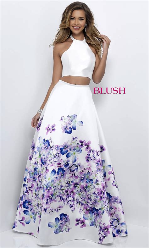 White women floral prom gown party evening party sweet lady trailing dress sz. Print Off-White Two-Piece Blush Prom Dress- PromGirl