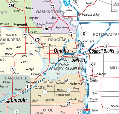 Nebraska Laminated Wall Map County And Town Map With Highways Gallup