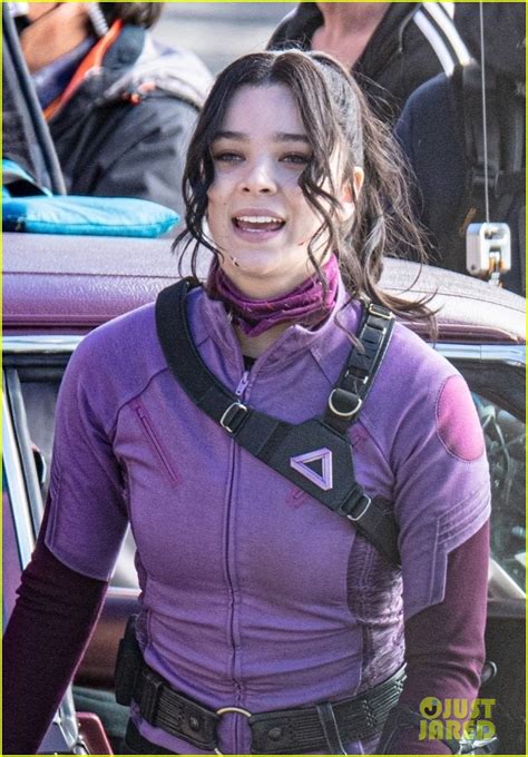 hailee steinfeld takes aim with her bow and arrow on hawkeye set photo