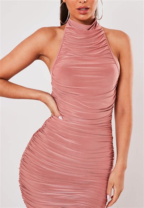 Pink Slinky Ruched Halterneck Mini Dress Missguided