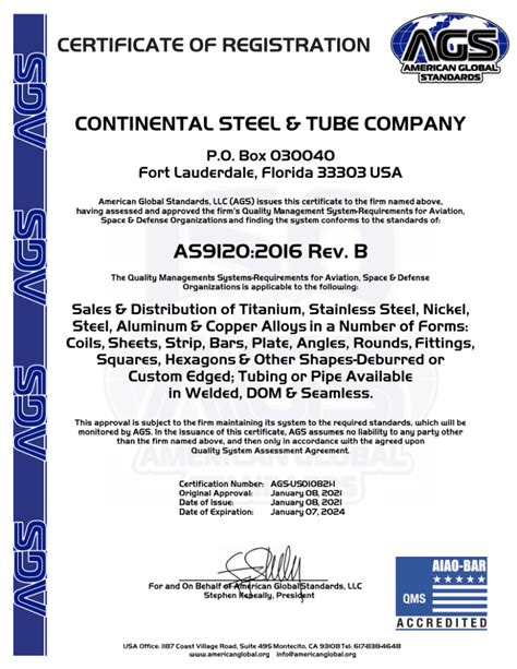 As9120 Certification Continental Steel And Tube Company
