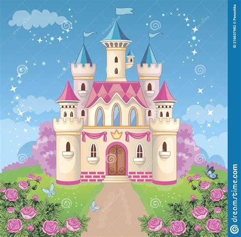 Fairy Tale Pink Castle Illustration With Flowers Stock Vector