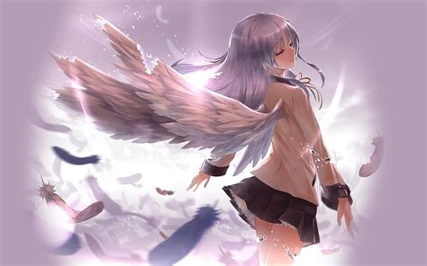 Wings Angel Beats School Uniforms Skirts Long Hair Feathers Purple Hair
