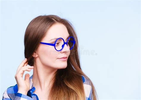 Attractive Nerdy Girl Trying To Calculate In Mind Portrait Of Focused Entertained Cute Curly