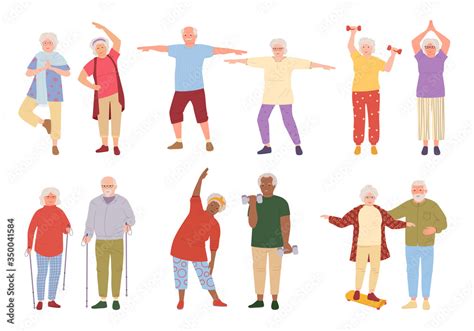 Healthy Active Lifestyle Older People Cartoon Set Sport Retiree