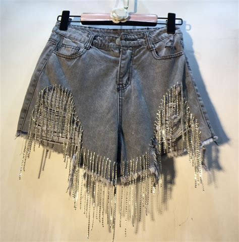 2020 2019 Summer Tassel Short Jeans Women European Style Heavy Rhinestone Bead High Waist Slim