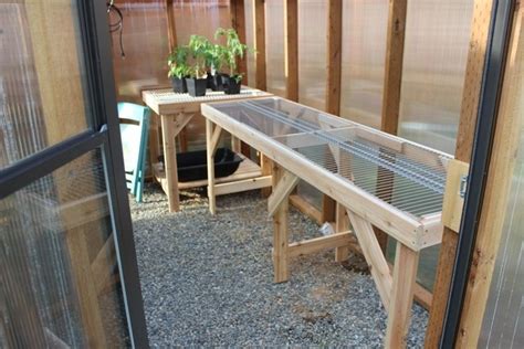 Greenhouse staging tables often have wire worktops or slatted wooden frames for drainage and air circulation. Custom Made Greenhouse Watering Table by Kev's Custom ...