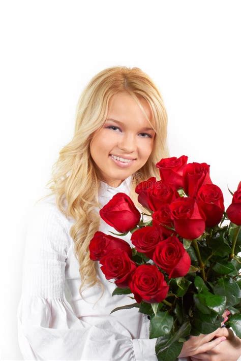 Blonde Girl With A Bouquet Of Flowers Stock Photo Image Of Flowers