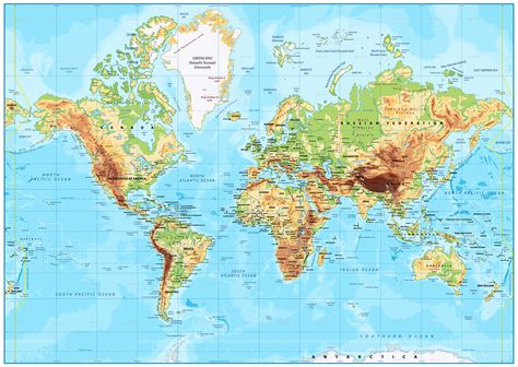 Detailed Physical World Map Mercator Projection By