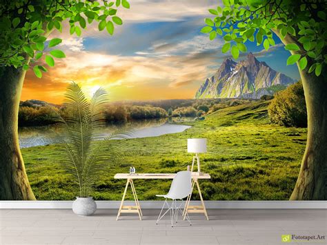 Nature Wallpaper And Wall Murals Trees Mountains Sunrise Fototapet