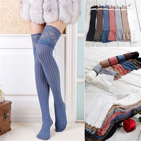 bluelans women knitting lace cotton over knee thigh stockings high pantyhose tights 7 colors in