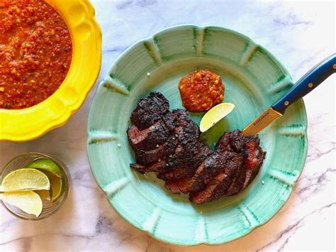 Grilled Hanger Steaks With Roasted Garlic Romesco Sauce Recipe Geoffrey Zakarian Food Network
