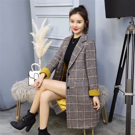 Retro Plaid Wool Coat Female Long Section 2018 New Spring And Autumn Korean Fashion Was Thin And