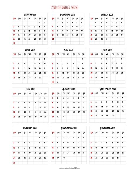 Calendar 2021 as pocket calendar with 12 month calendar in one page. Cute 2021 Printable Blank Calendars - 2021 year calendar | yearly printable / Free blank monthly ...