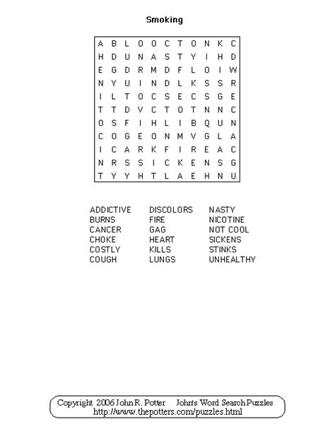 Johns Word Search Puzzles Kids Smoking Is Not Cool