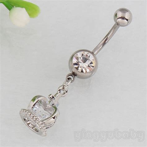 Retail Belly Button Ring Dangle Zircon Imperial Crown Navel Ring Body Piercing Jewelry 14g 316l
