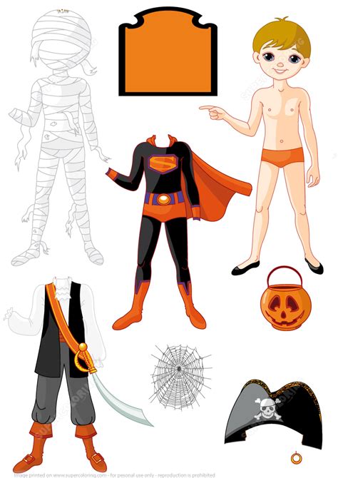 Boy Paper Doll With 3 Costumes For Halloween Party Mummy Superman And