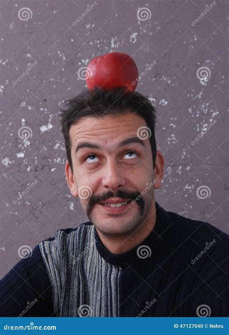 Man With Red Apple On A Head Stock Photo Image Of Eyes Smile 47127040