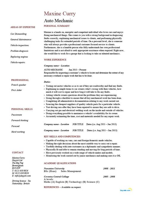 A professional curriculum vitae (cv) template that was developed in collaboration with multiple recruiters to increase your chances of getting your dream job. Auto Mechanic resume template, CV, example, job ...