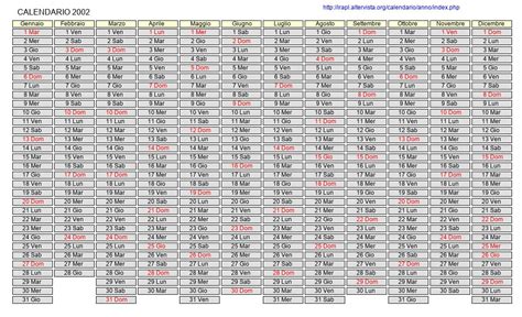 Calendario Italiano 2002