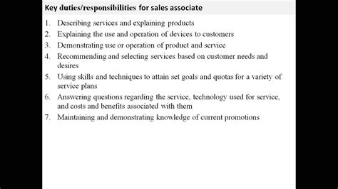 Having comprehensive knowledge and understanding of different automobiles, their features and characteristics, such as engine size, mileage, gas usability, and colors, quick comparing and contrasting of different competitive models and examining cars. Sales associate job description - YouTube
