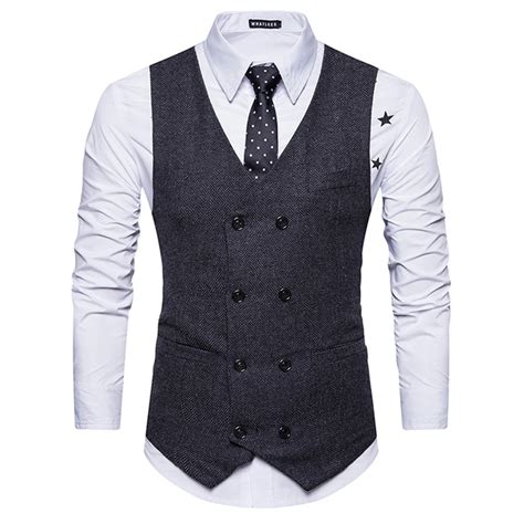 2018 Men V Neck Double Breasted Belt Design Waistcoat Male Cotton Business Waistcoat Vests For