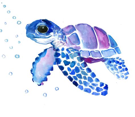 Blue Purple Sea Turtle Turtle For Nursery Mini Art Print By SurenArt