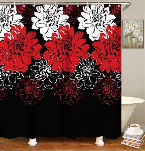 Black and white floral curtains. Red and Black Shower Curtain Set with 12 Hooks Floral ...