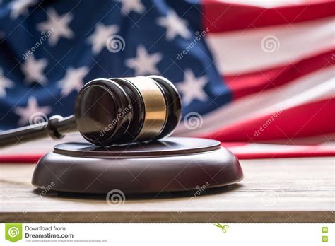 Judges Wooden Gavel With Usa Flag In The Background Symbol For