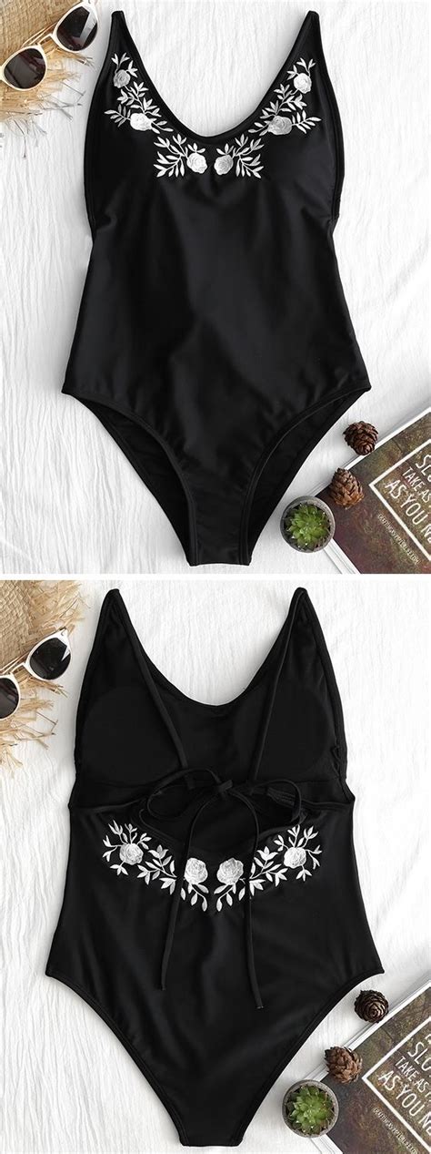 Embroidery High Leg One Piece Backless Swimsuit Black One Piece
