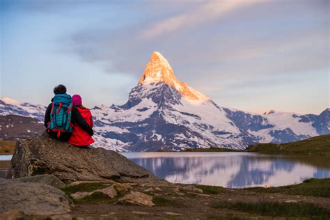 Romantic Couple At Sunrise From Lake Stellisee Swiss Alps