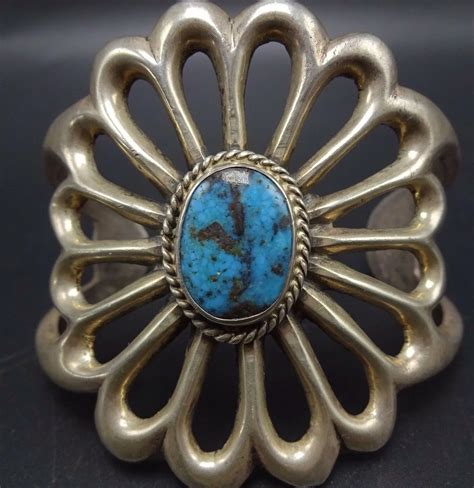 Vintage Navajo Sand Cast Sterling Silver Natural Turquoise Cuff