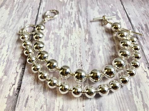 Solid Sterling Silver Bead Bracelet 10 Mm Round