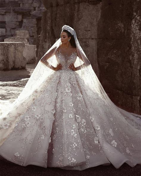 Luxury Beading Floral Bridal Gowns Sheer Neck Long Sleeves Ball Gown Wedding Dresses Ball